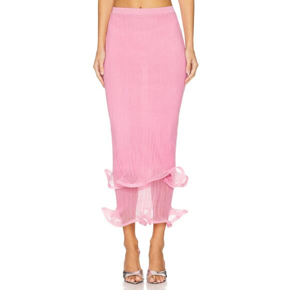 Simkhai Kelso Knit Midi Skirt Gauze Ruffle Hem Statement Elegant Candy Pink Sz S - Picture 1 of 14